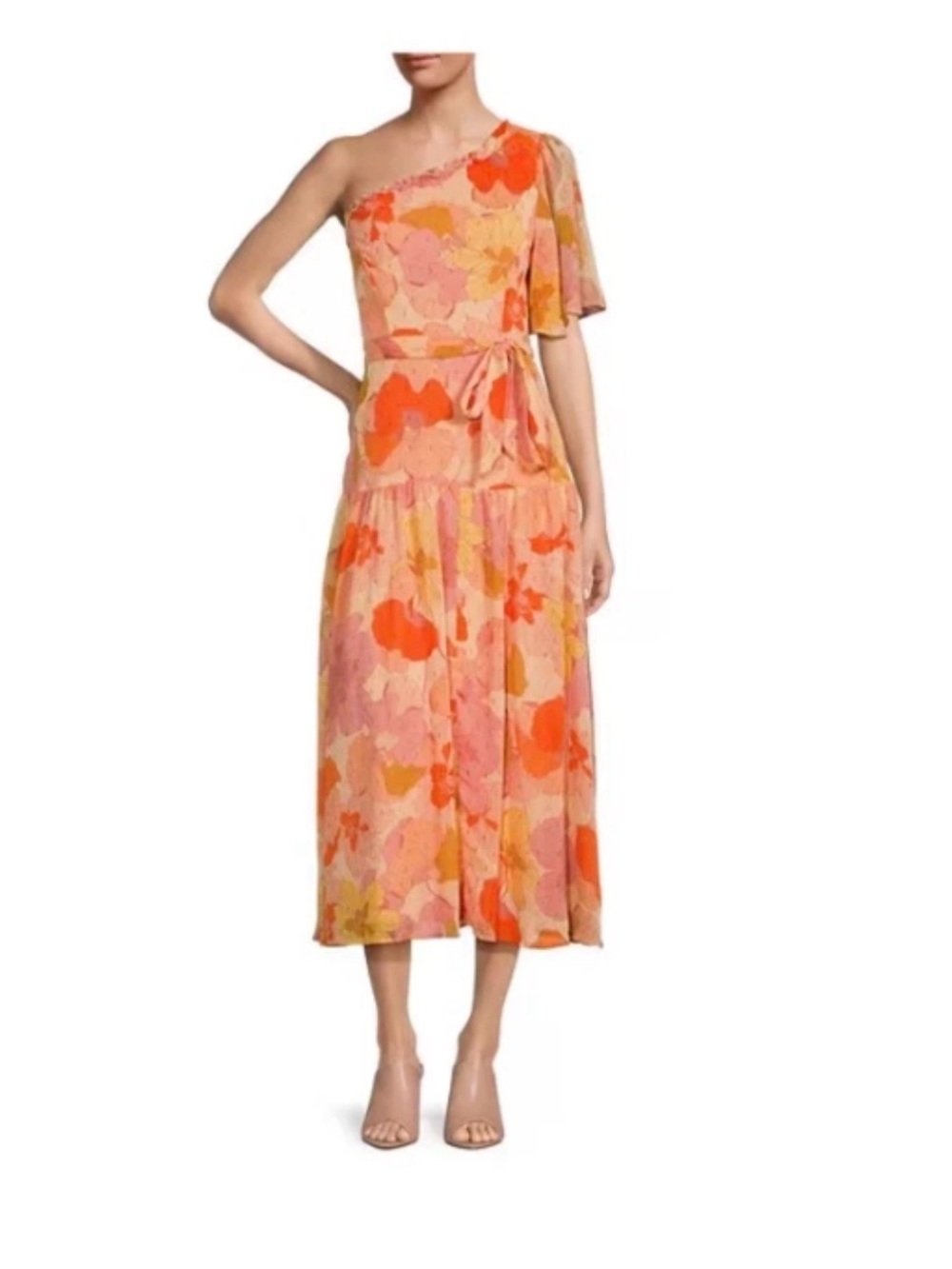 Taylor One-Shoulder Floral Midi Dress in Coral and Peach
